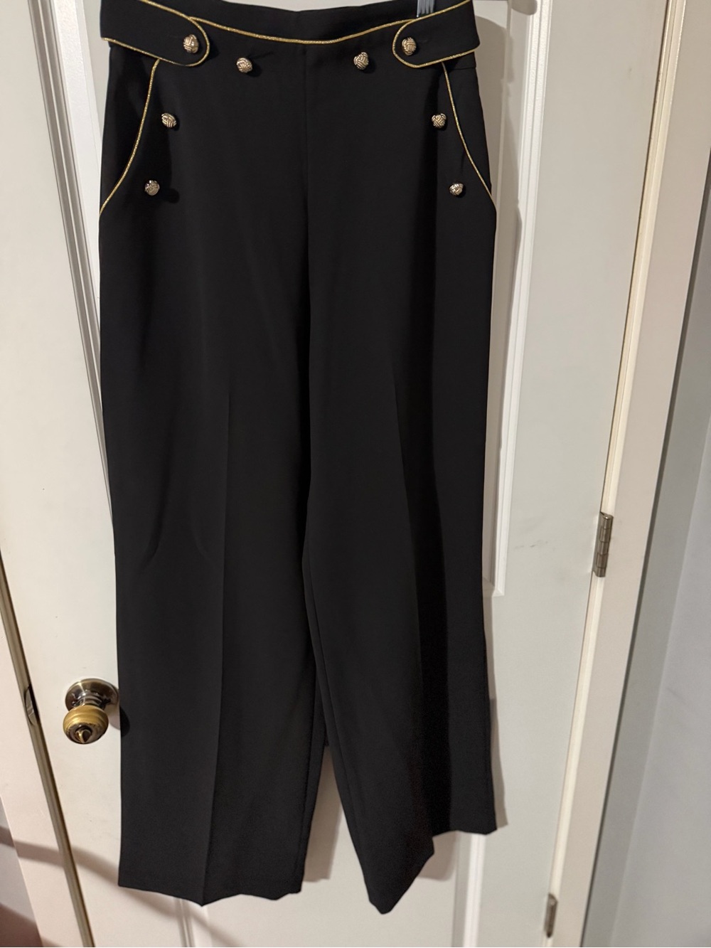 Express Black Wide-Leg Pants with Gold Trim & Decorative Buttons